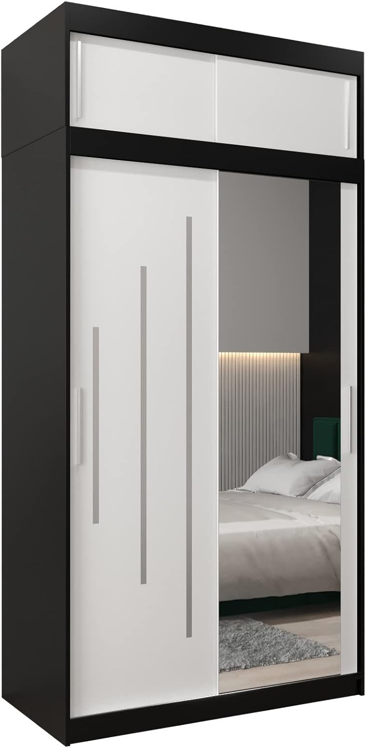 MEBLE KRYSPOL Kleiderschrank mit Spiegel York 2 - Garderobenschrank - Schrank Schlafzimmer - Mehrzweckschrank Zwei Schiebetüren - Regalen - Flur Möbel - Kleiderstange Schrank - Allzweckschrank