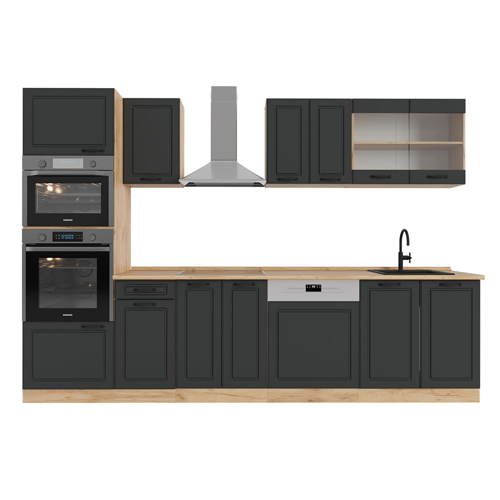 Vicco R-Line Kitchen Unit, High-Gloss Anthracite/Goldkraft Oak, 300 cm with Tall Cabinet, without Worktop