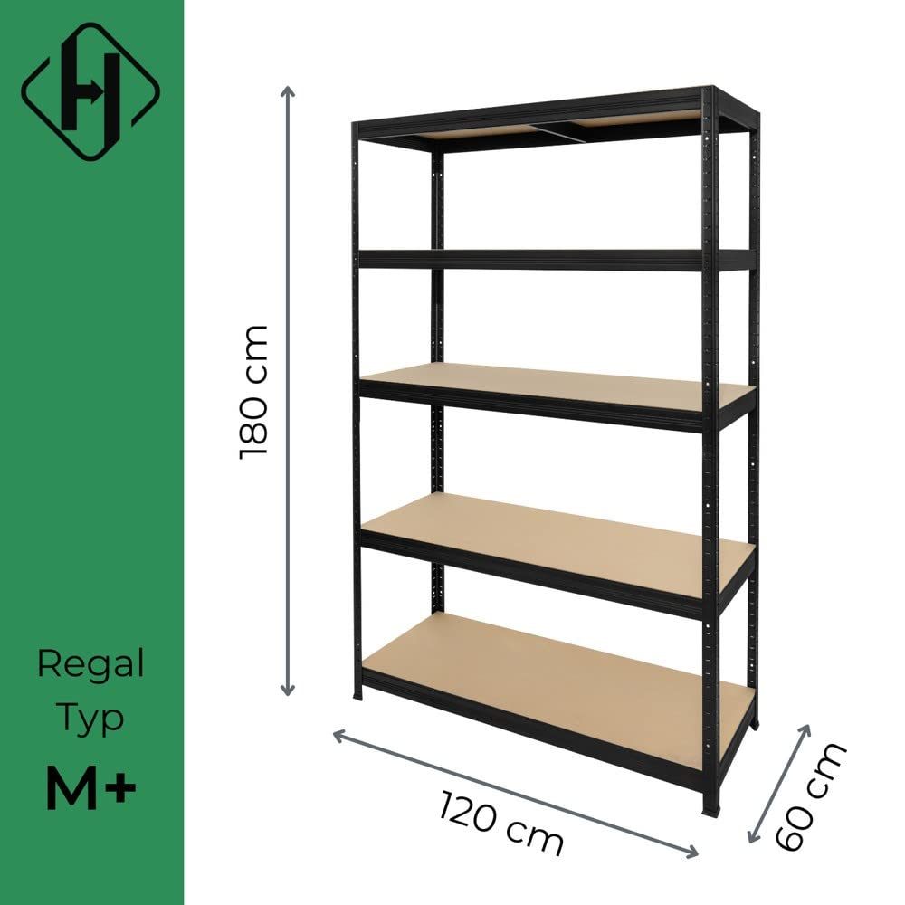 Heavy Duty Shelving Type S+ Black - 750 kg Load Capacity - H x W x D 180 x 90 x 60 cm - Boltless Shelving Unit with 5 Shelves - 150 kg Shelf Load - Made in EU - Sturdy Metal Shelf - Storage