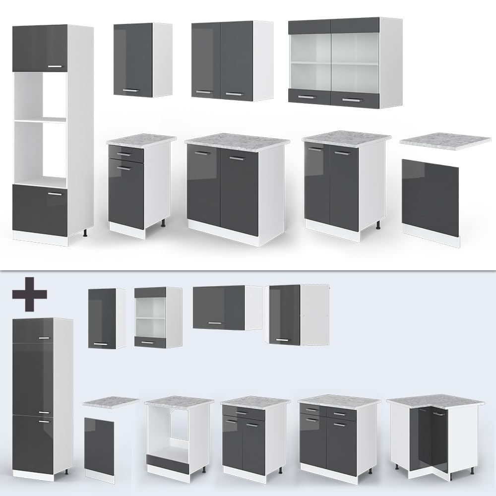 Vicco R-Line Kitchen Unit, High-Gloss Anthracite/White, 300 cm with Tall Cabinet, without Worktop