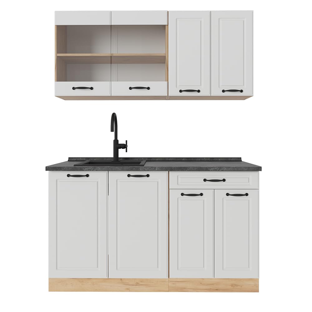 Vicco Single Kitchen R-Line, Black High Gloss / Gold Kraft Oak 140 cm, without Worktop