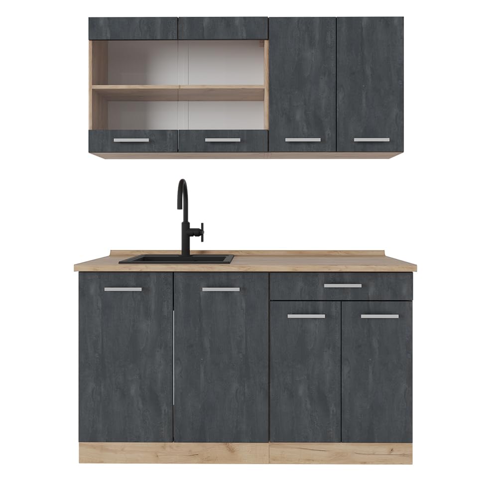 Vicco Single Kitchen R-Line, Black High Gloss / Gold Kraft Oak 140 cm, without Worktop