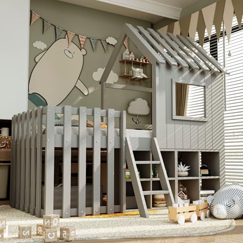 Children's Bed, House Bed 90 x 200 cm, Children's Bed Frame with Roof and Window, with Open Storage Space, with Climbing Ladder, Slatted Frame, Solid Wood Bed, Wooden Bed without Mattress (White)