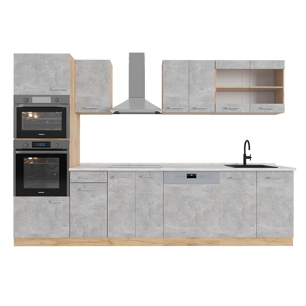 Vicco R-Line Kitchen Unit, High-Gloss Anthracite/Goldkraft Oak, 300 cm with Tall Cabinet, without Worktop