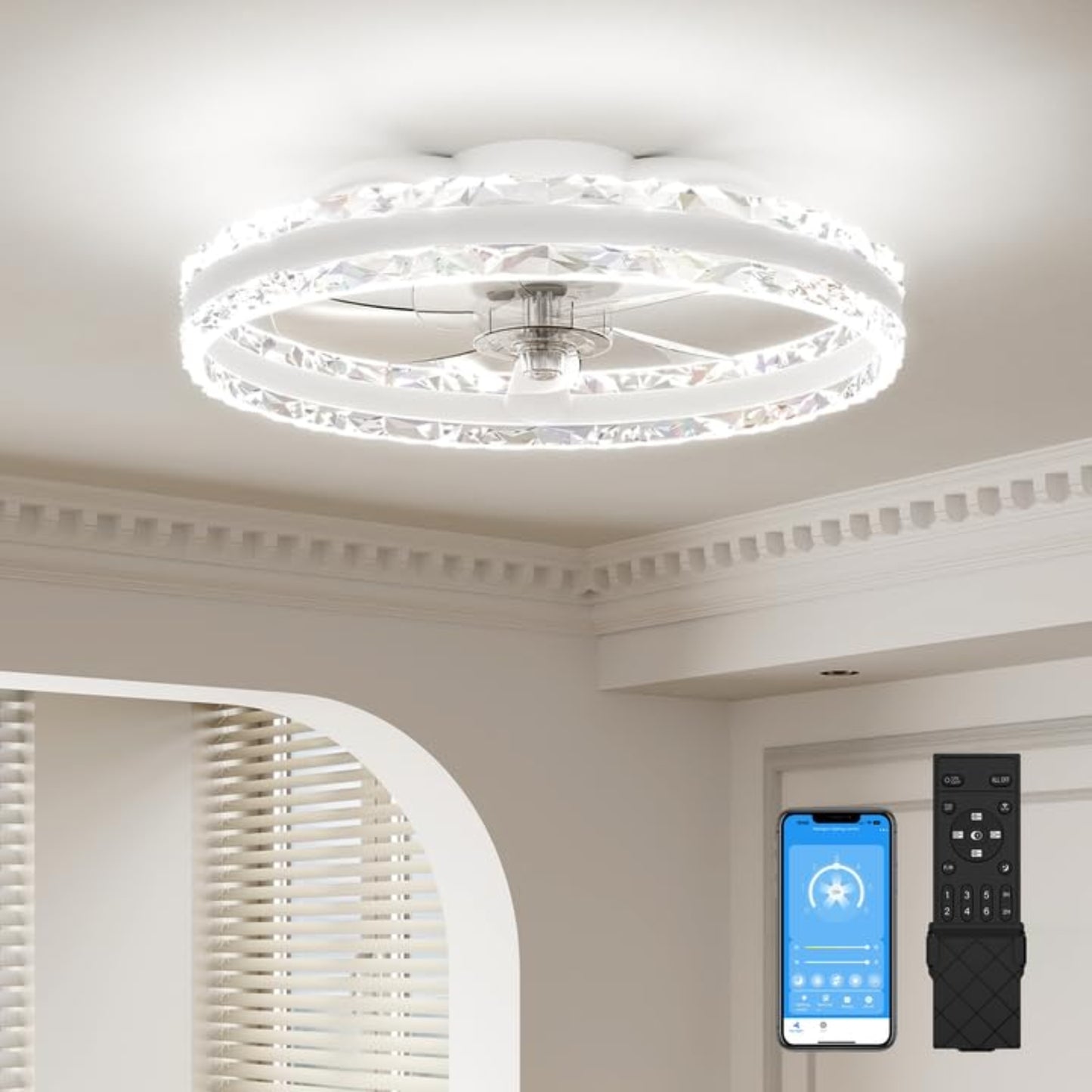 VOLISUN Ceiling Fan with Lighting and Remote Control, 6 Wind Levels and Dimmable, Modern Ceiling Light with Fan, Quiet LED Ceiling Fan for Bedroom, Living Room (White, 50 cm)