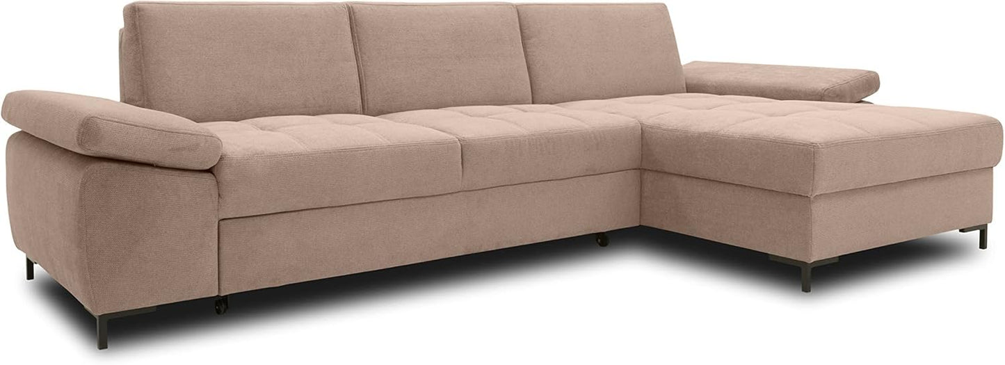 DOMO. collection Curacao Corner Sofa, Sofa Bed with Spring Core and Armrest Function in L-Shape, Couch with Sleep Function, Sofa, Upholstered Corner 297 x 160 x 84 cm (W x D x H), Cream