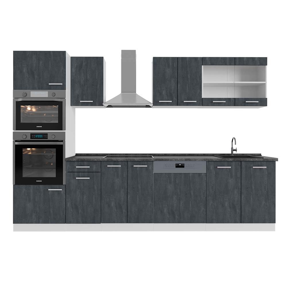 Vicco R-Line Kitchen Unit, High-Gloss Anthracite/White, 300 cm with Tall Cabinet, without Worktop