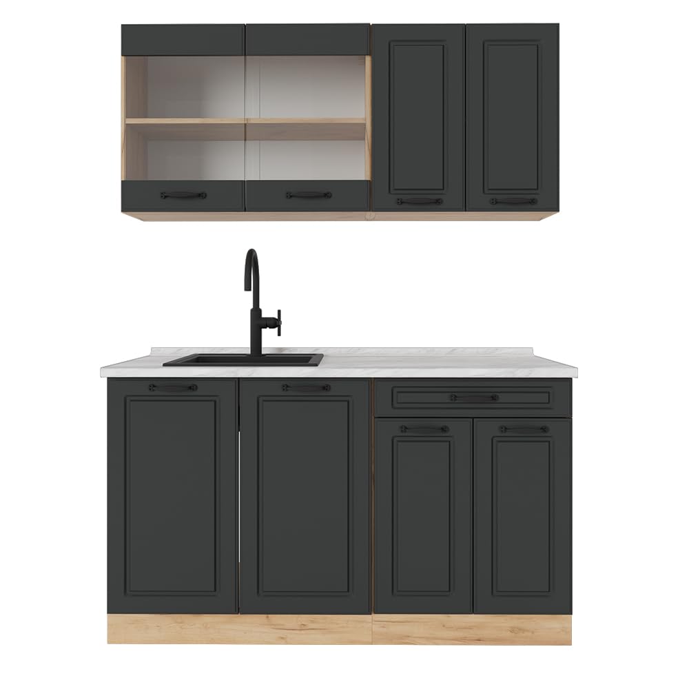 Vicco Single Kitchen R-Line, Black High Gloss / Gold Kraft Oak 140 cm, without Worktop