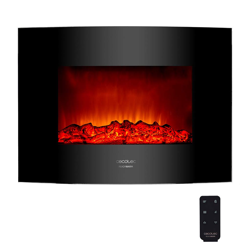 Cecotec Ready Warm 2200 Curved Flames Electric Fireplace with Remote Control, 22 Inch, 2000 W with 2 Power Levels, Curved Tempered Glass Scoreboard, 2 LED Lights, 20 m2