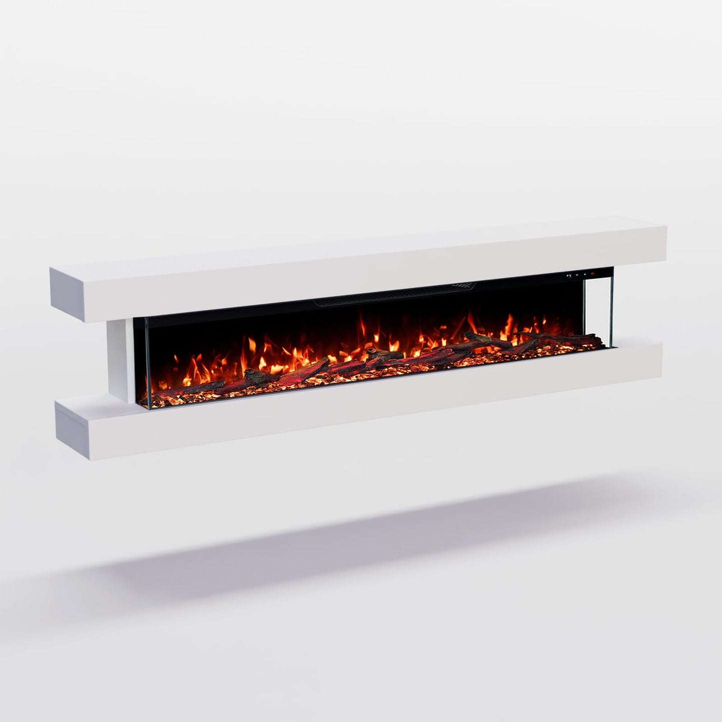 GLOW FIRE Clear Wall Electric Fireplace with Realistic 3D LED Fire - Wall Electric Fireplace with Heater and Fireplace, App Control, Crinkle Effect & Timer, Max. 1800 W, 137 x 39 x 21 cm, White