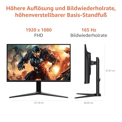 Amazon Basics Gaming-Monitor 24 Zoll (61 cm), FHD 1080p, 165 Hz, VESA-kompatibel, adaptive Synchronisierung, 1 ms Reaktion, Schwarz