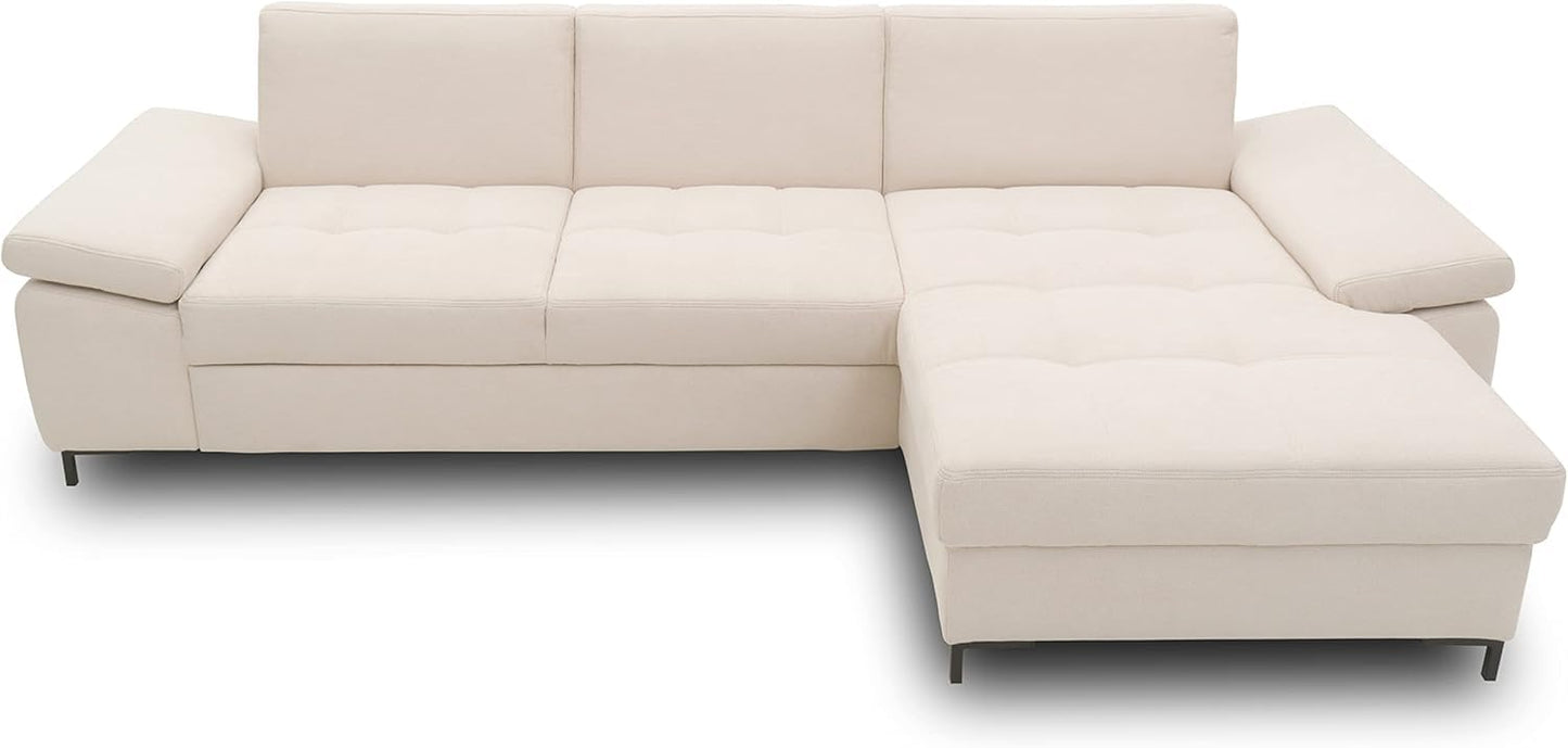 DOMO. collection Curacao Corner Sofa, Sofa Bed with Spring Core and Armrest Function in L-Shape, Couch with Sleep Function, Sofa, Upholstered Corner 297 x 160 x 84 cm (W x D x H), Cream