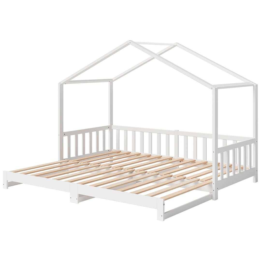 Bellabino Bia Children’s Bed, 90 x 200 cm, Children’s House Bed incl. Fall Protection and Rolled Slatted Frame, Montessori Floor Bed, White, Solid Pine Wood