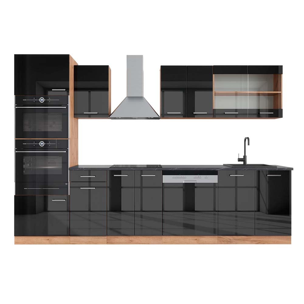 Vicco R-Line Kitchen Unit, High-Gloss Anthracite/Goldkraft Oak, 300 cm with Tall Cabinet, without Worktop