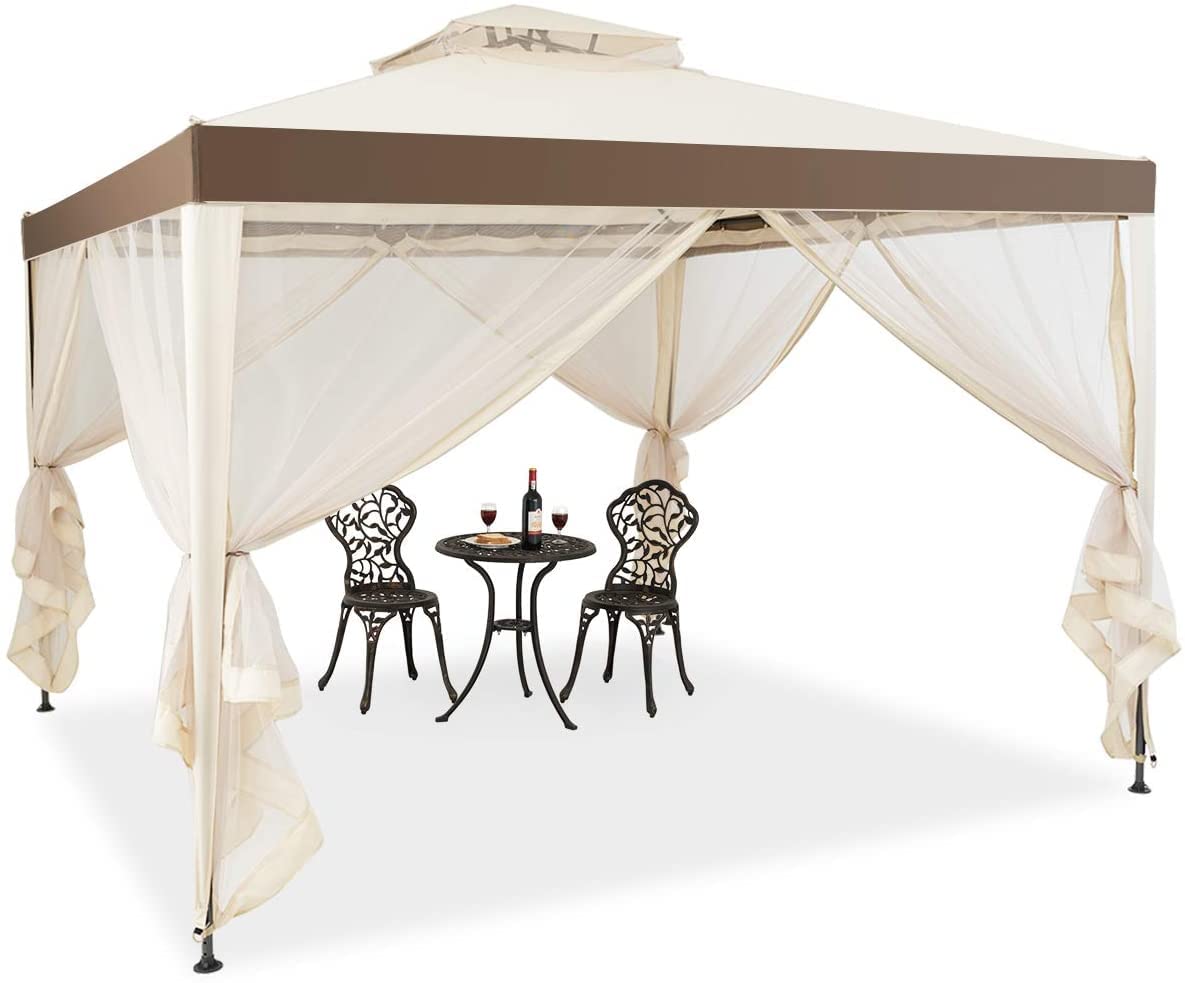 RELAX4LIFE 3 x 3 m Gazebo, Garden Gazebo with Iron Frame & Mosquito Net, Garden Tent with 4 Side Walls & Double Roof, Waterproof & Sunproof Party Tent for Party Camping (Brown)