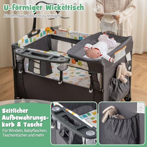 DREAMADE 5-in-1 Baby Travel Cot, 120 x 60 cm, Side Bed with Mattress & Changing Table, Music Box & Toy, Height-Adjustable Baby Bed for Baby from Birth (Dark Grey)