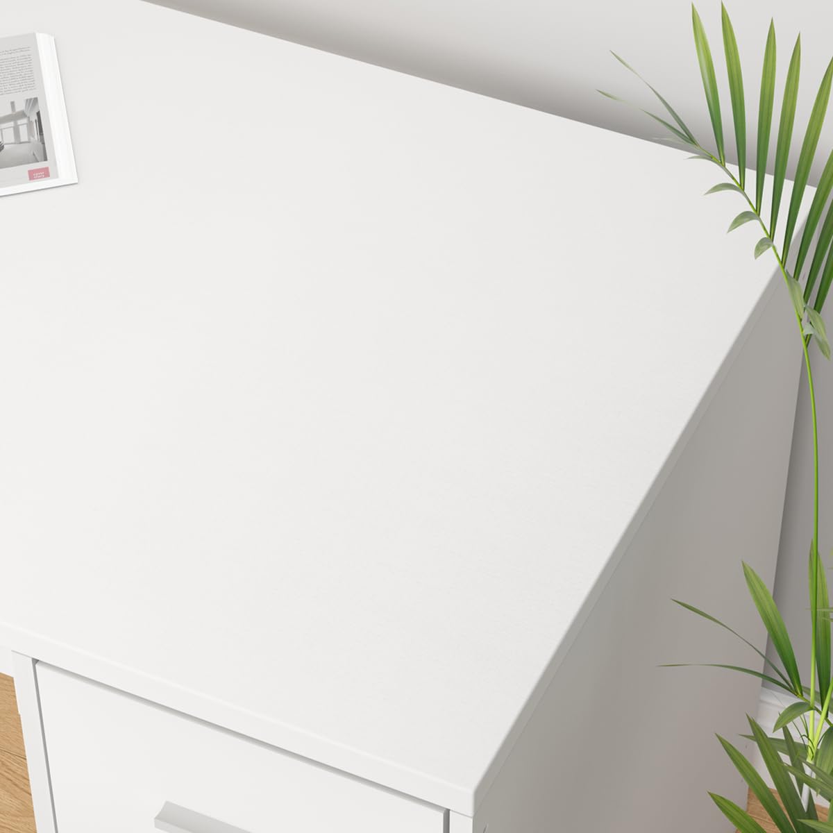 LVB White L Shaped Corner Desk with Drawers, Reversible Modern L Shaped Computer Desk with Storage Cabinets, Large L Shaped Wooden L Shaped Desk Metal L Shape