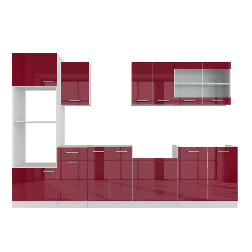 Vicco R-Line Kitchen Unit, High-Gloss Anthracite/White, 300 cm with Tall Cabinet, without Worktop