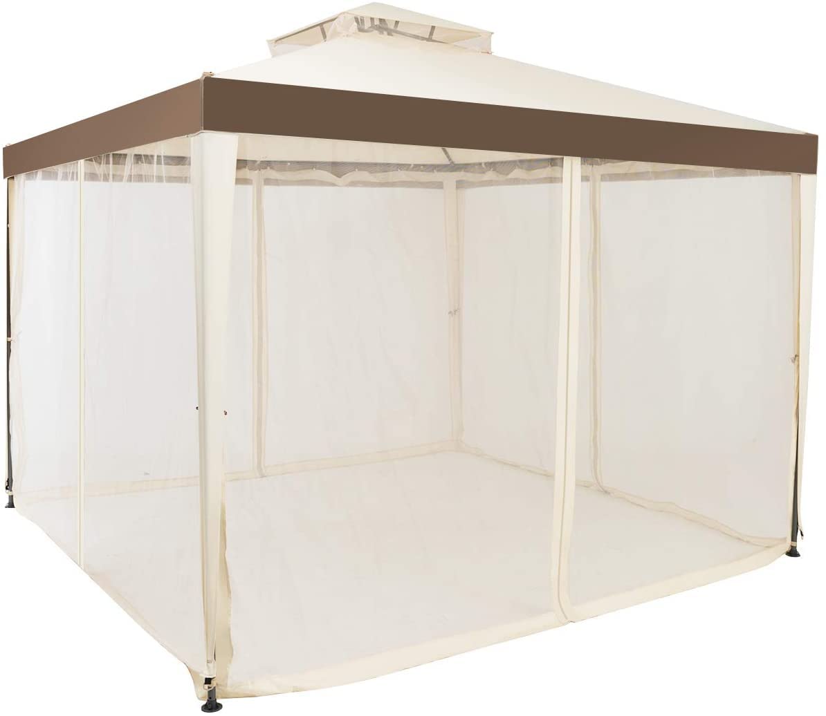 RELAX4LIFE 3 x 3 m Gazebo, Garden Gazebo with Iron Frame & Mosquito Net, Garden Tent with 4 Side Walls & Double Roof, Waterproof & Sunproof Party Tent for Party Camping (Brown)