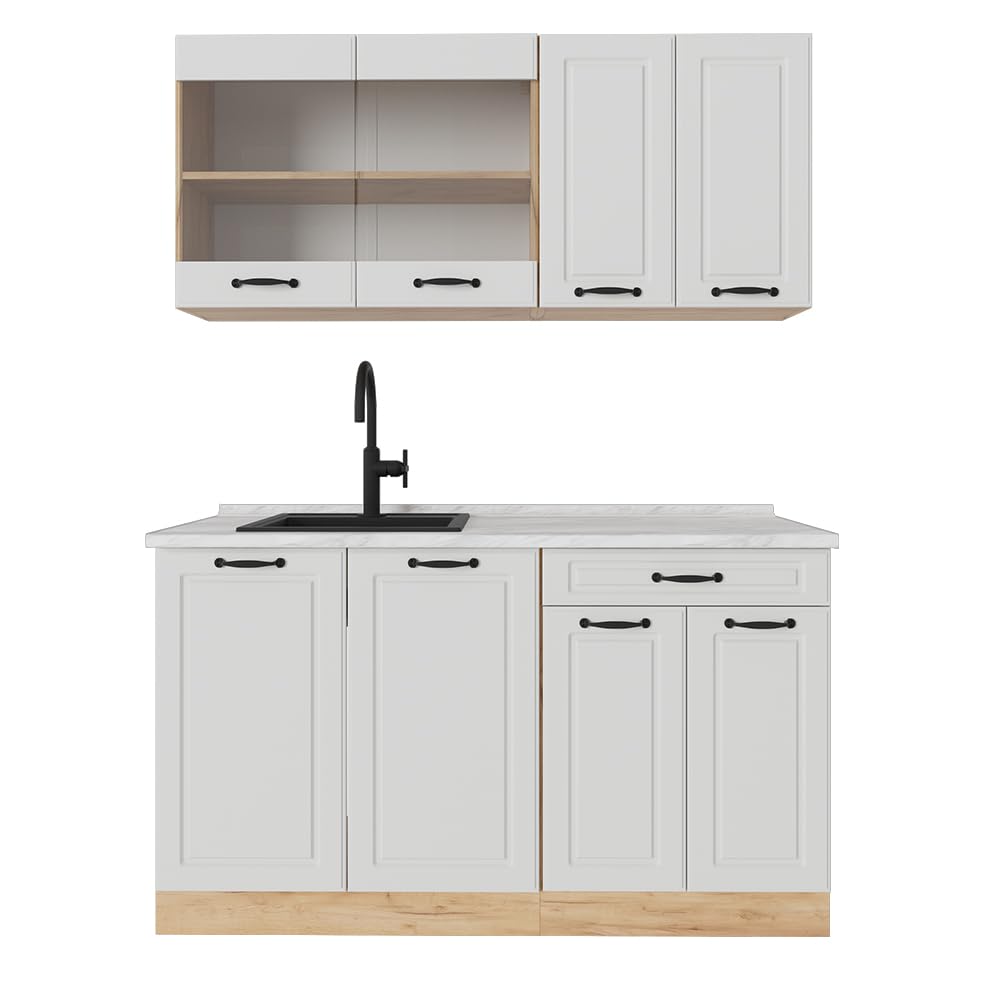 Vicco Single Kitchen R-Line, Black High Gloss / Gold Kraft Oak 140 cm, without Worktop