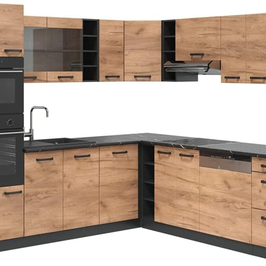 Vicco R-Line Fitted Kitchen Cabinets Anthracite Kitchen Furniture (Anthracite / White High Gloss, Corner 247 x 237 cm)