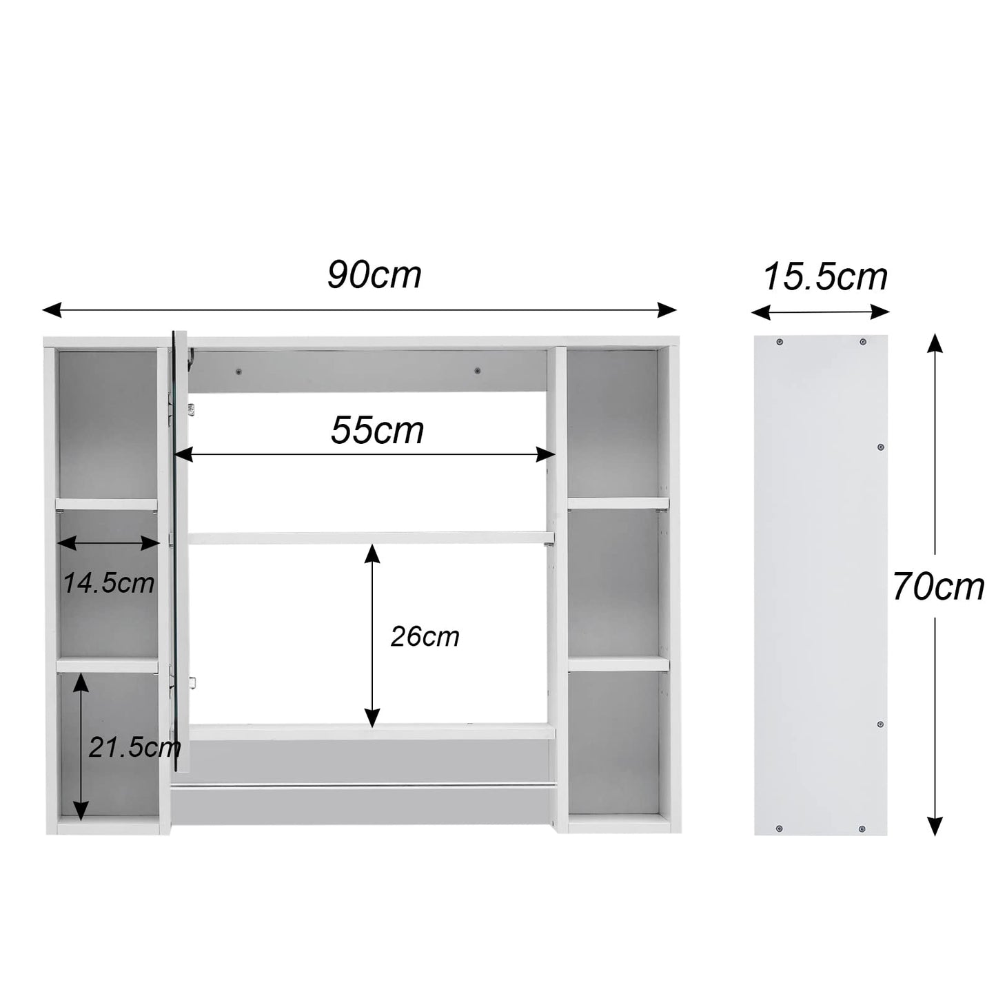 TUKAILAI Mirror Cabinet with LED Lighting, 6 Open Shelves and Adjustable Shelves, Bathroom Mirror with Touch Switch, Bathroom Mirror, Light Mirror, Wall Mirror, Bathroom Cabinet for Bathroom