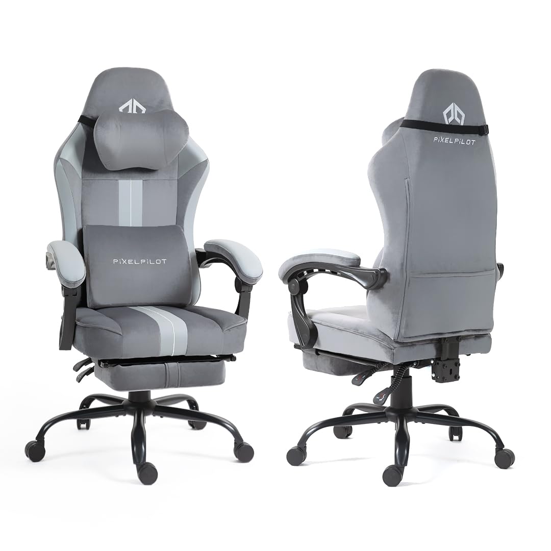 PixelPilot Ergonomic Gaming Chair [Breathable Fabric] Gaming Chair with Footrest, Head and Lumbar Support, Gamer PC Chair Wide Seat, Office Chair 150 kg Load Capacity (Nebula I, Grey)