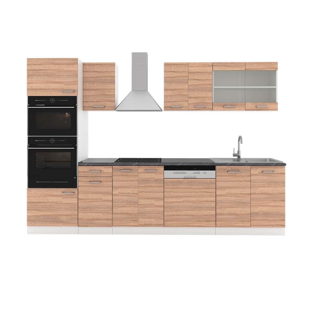 Vicco R-Line Kitchen Unit, High-Gloss Anthracite/White, 300 cm with Tall Cabinet, without Worktop