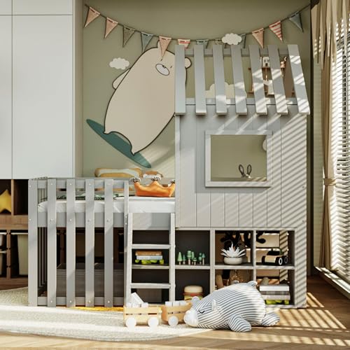 Children's Bed, House Bed 90 x 200 cm, Children's Bed Frame with Roof and Window, with Open Storage Space, with Climbing Ladder, Slatted Frame, Solid Wood Bed, Wooden Bed without Mattress (White)