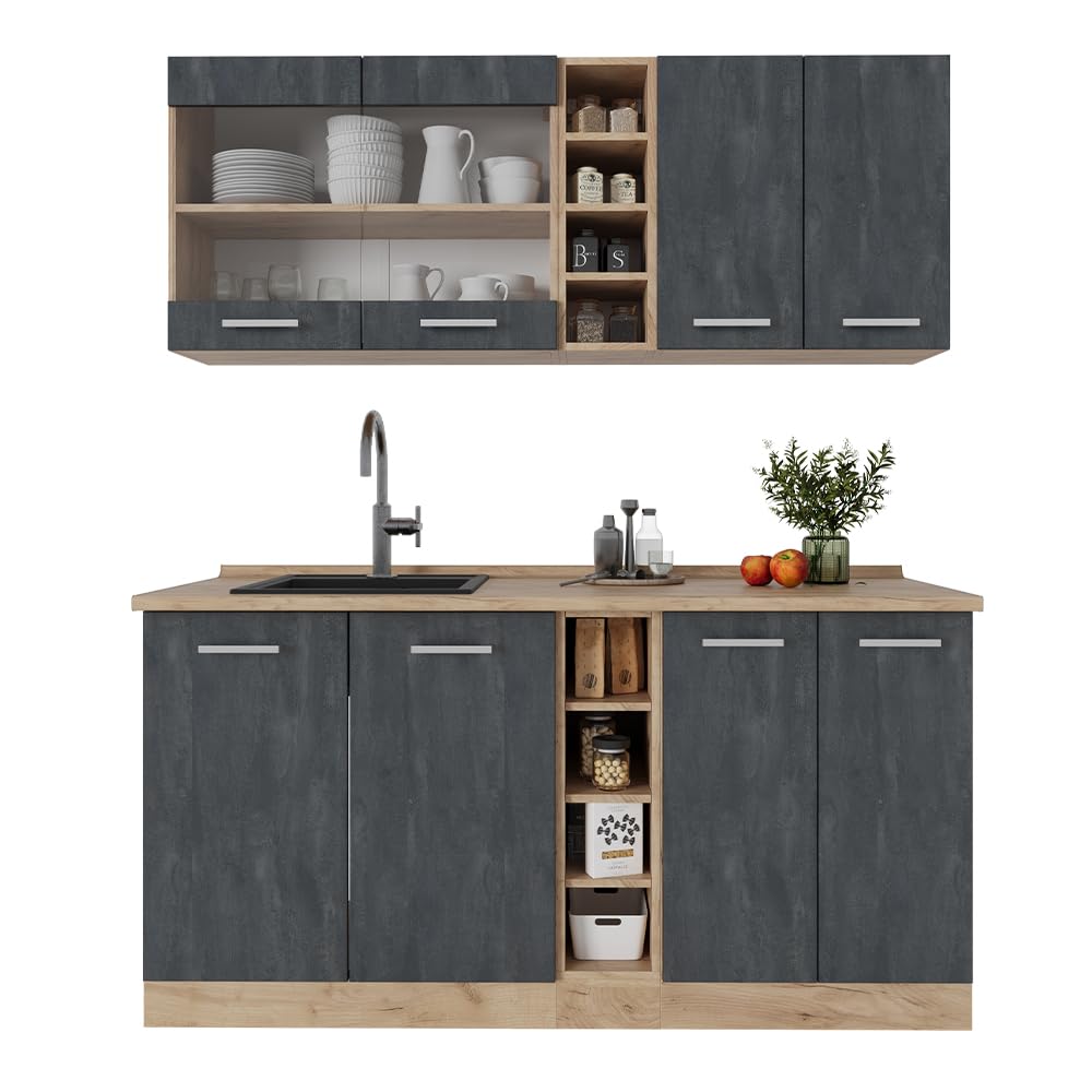 Vicco Single Kitchen R-Line Anthracite High Gloss / Goldkraft Oak 160 cm without Worktop