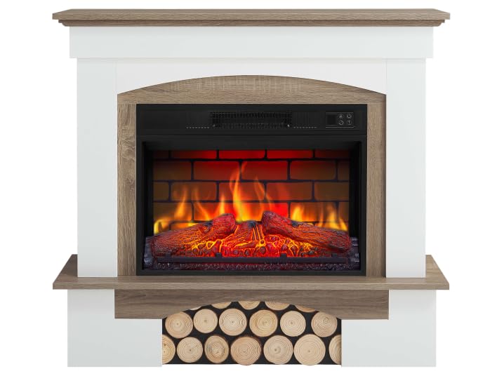 Woodley AF23BS White Brick Effect Electric Fireplace with LED Flame Effect, Heating up to 30 m², Remote Control, Realistic Design, Energy Saving, Freestanding, Grey Oak