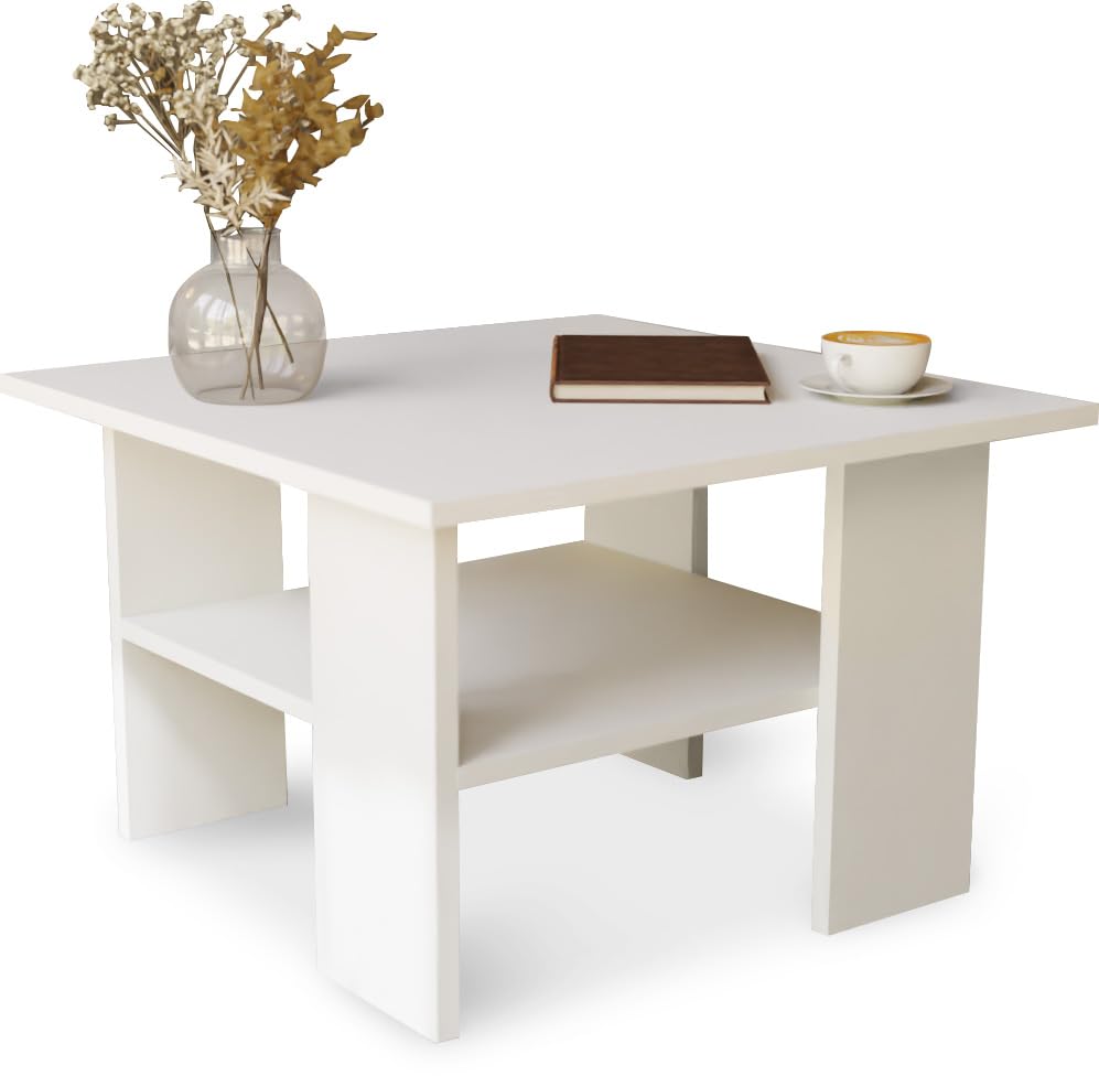 Artisan Coffee Table, Retro Loft Bench, Open Double Shelf, Skate Legs, Ideal for Coffee Get-Togethers, Laminated Top, Large Surface, Guaranteed Stability, White 3