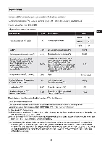 Midea SU 5.35X14CS Dishwasher Base, 14 MGD, Dishwasher 60 cm, Home Connect, Hygiene Care+, Machine Care +, Extra Drying, Half Load, 44 db, Start Delay, Stainless Steel
