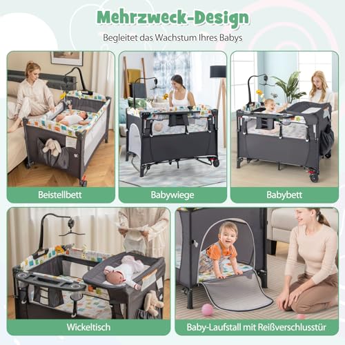 DREAMADE 5-in-1 Baby Travel Cot, 120 x 60 cm, Side Bed with Mattress & Changing Table, Music Box & Toy, Height-Adjustable Baby Bed for Baby from Birth (Dark Grey)