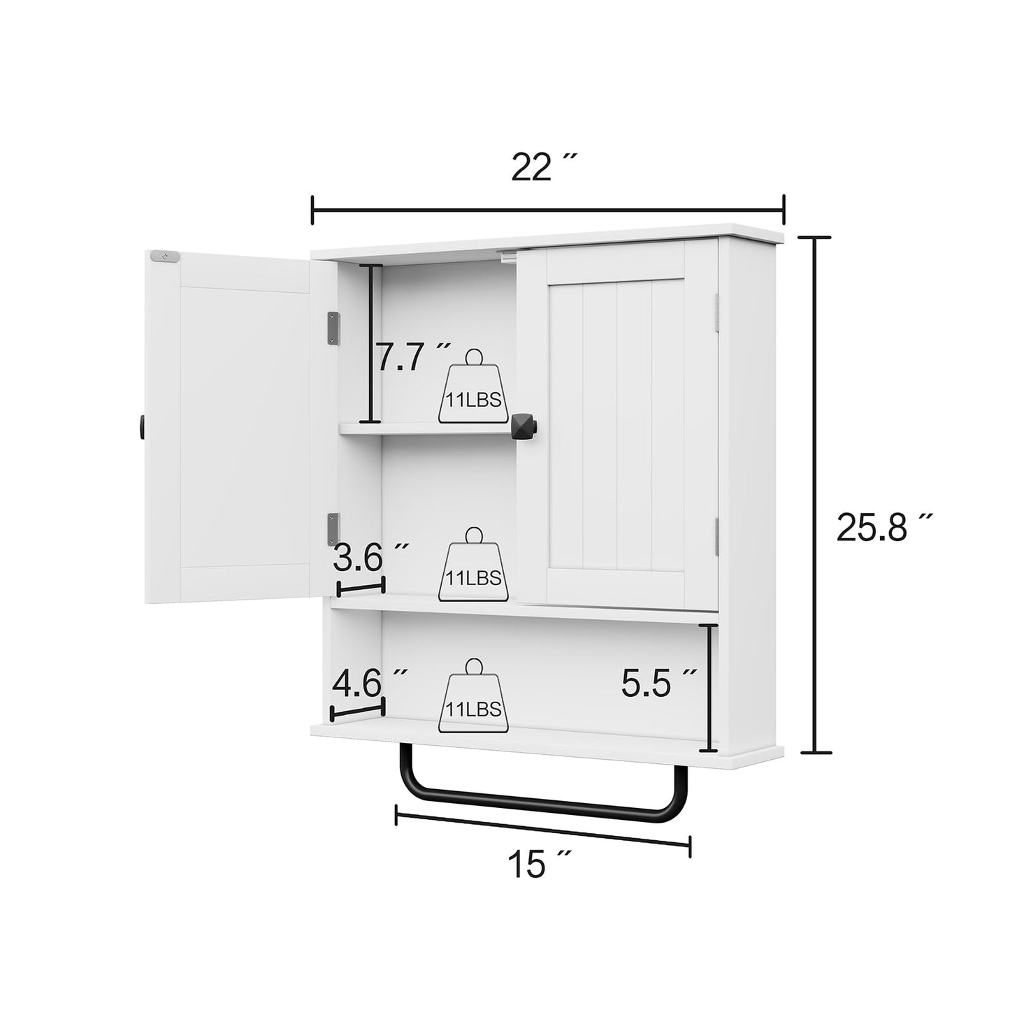 RRX Bathroom Cabinet, Wall Cabinet with Towel Rail, 56 x 13 x 65 cm, Storage Cabinet Over the Toilet with 2 Doors and Adjustable Shelf, White Wall Cabinet for Bathroom, Laundry Room (White)
