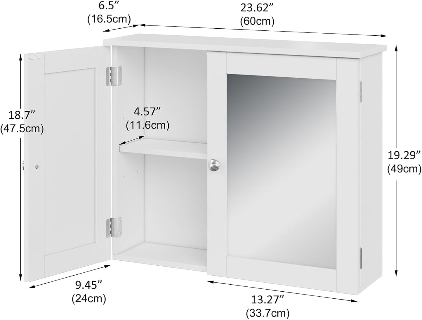 RRX Bathroom Storage Cabinet, Wall Cabinet with Mirror, Wall Cabinet for Bathroom, Adjustable Shelf, 2 Doors Over the Toilet, 16.5 x 60 x 49 cm (L x W x H)
