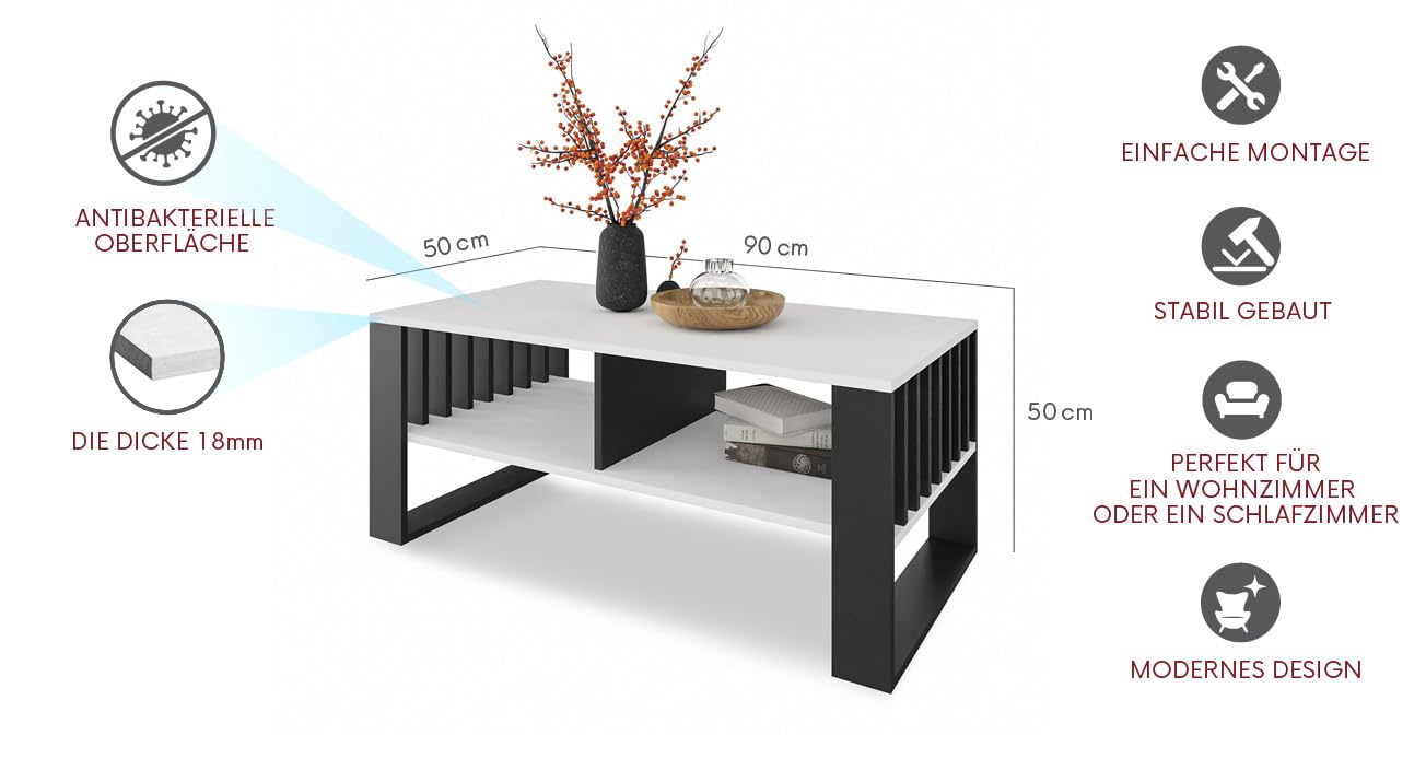 Meble Pitus Coffee Table White - Modern Living Room Table 90 x 50 x 50 cm with Storage Space & Slat Design
