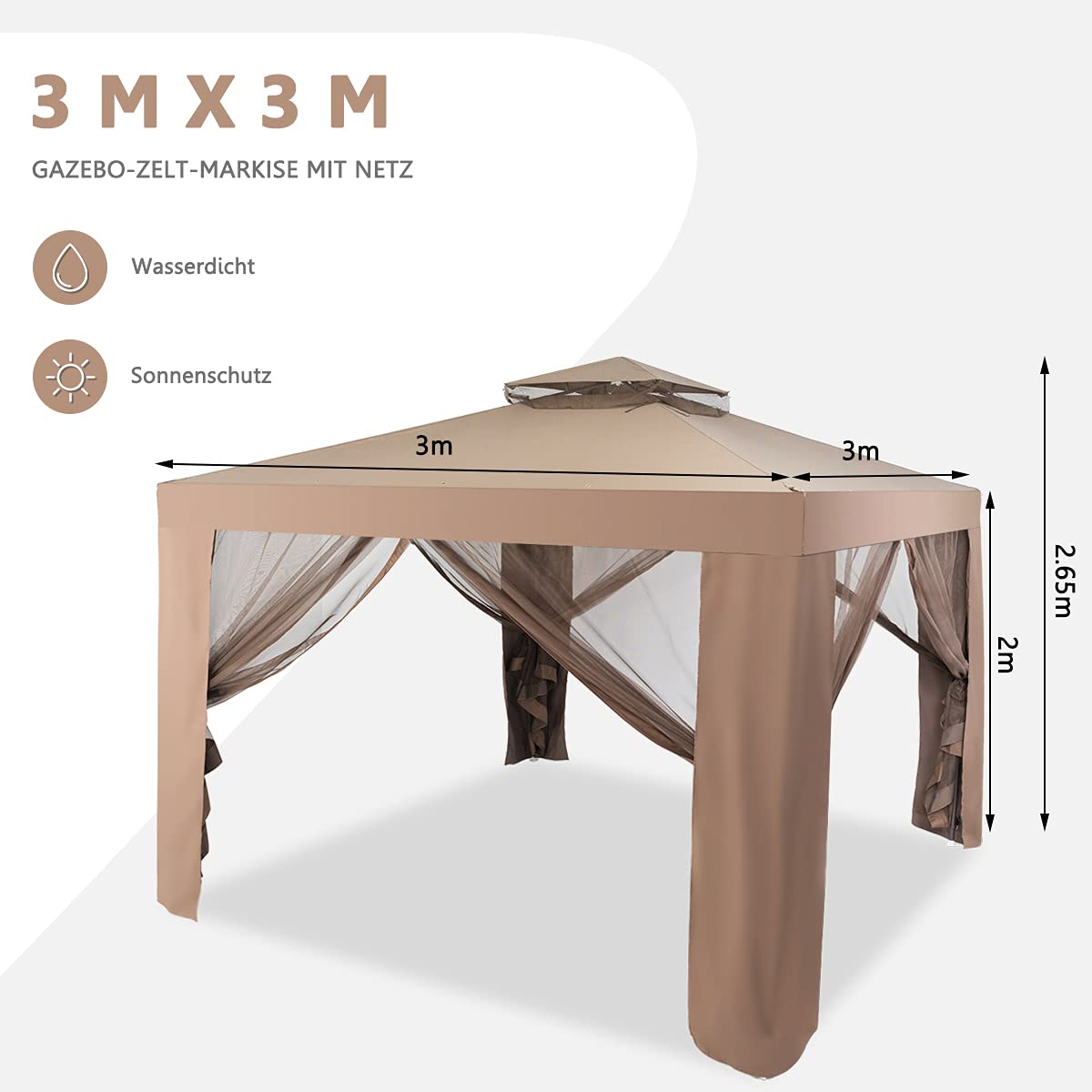 RELAX4LIFE 3 x 3 m Gazebo, Garden Gazebo with Iron Frame & Mosquito Net, Garden Tent with 4 Side Walls & Double Roof, Waterproof & Sunproof Party Tent for Party Camping (Brown)