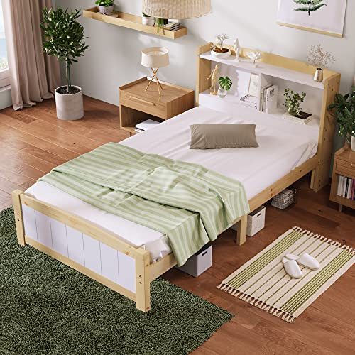 RIAZOS Kinderbett Holzbett 90x200 cm, Massiveholz Einzelbett mit Schreibtisch und Schubladen, Stauraumbett mit Lattenrost, für Jungen & Mädchen, ohne Matratze, Weiß