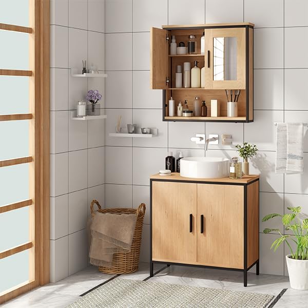 EUGAD Mirror Cabinet, Hanging Bathroom Cabinet with 2 Mirrors, Bathroom Mirror Cabinet with 3 Shelves, 2 Doors, Wall Cabinet for Bathroom, Made of Wood Material, Light Oak Black