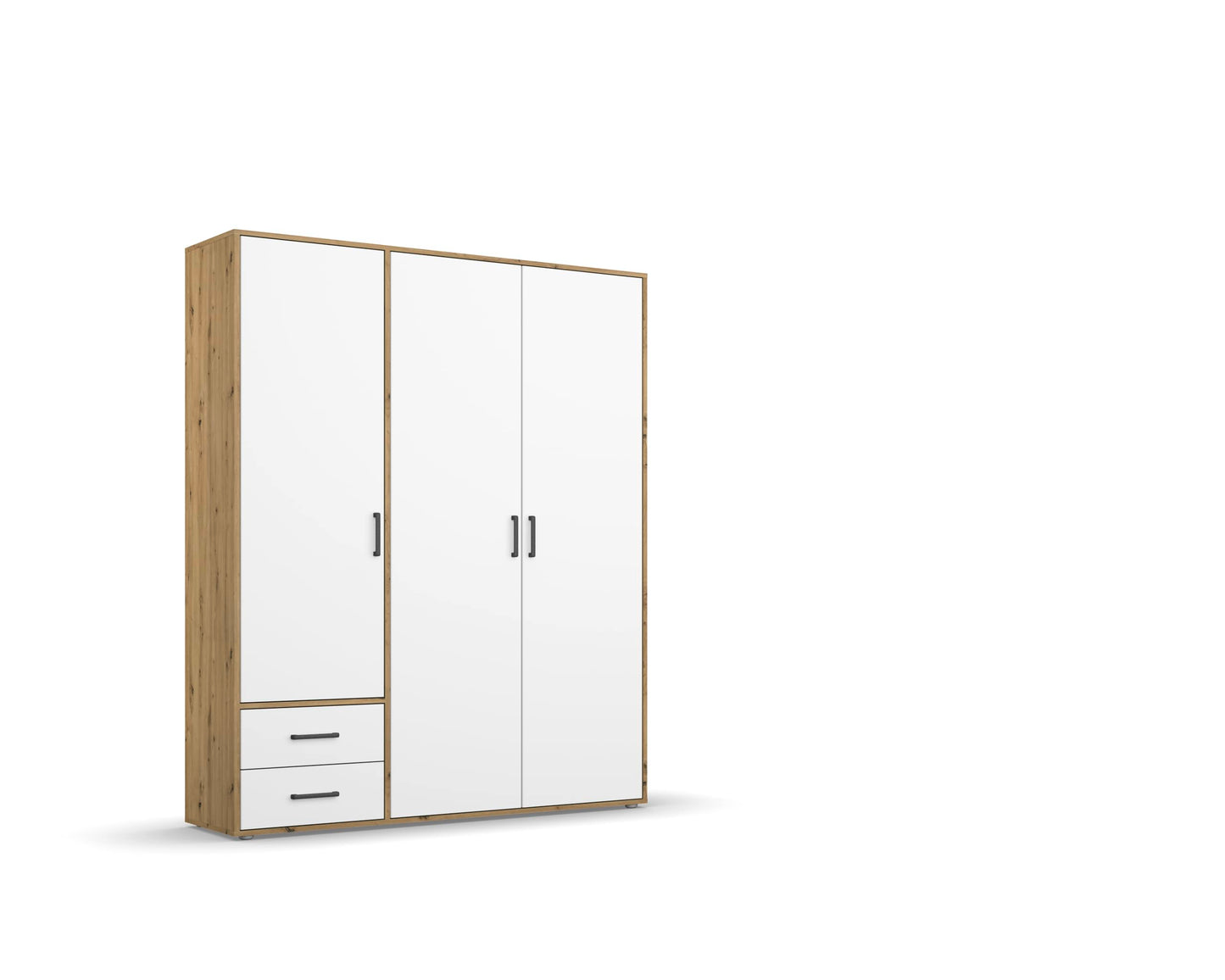 Rauch Möbel Voyager Hinged Door Cupboard, Alpine White/Artisan Oak, Wood, 3 Doors with 2 Drawers, Includes 1 Clothes Rail, 3 Shelves, 140 x 194 x 53 cm (W x H x D)