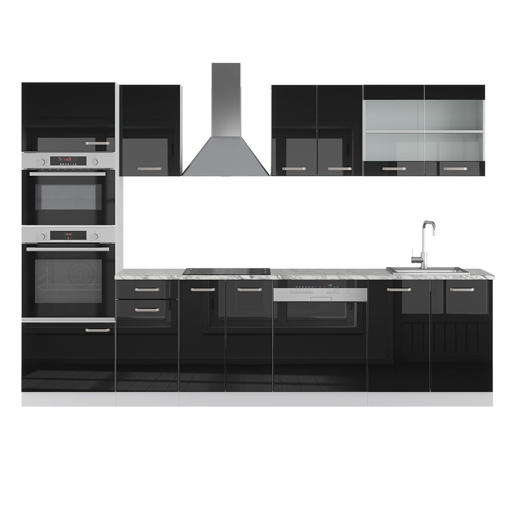 Vicco R-Line Kitchen Unit, High-Gloss Anthracite/White, 300 cm with Tall Cabinet, without Worktop
