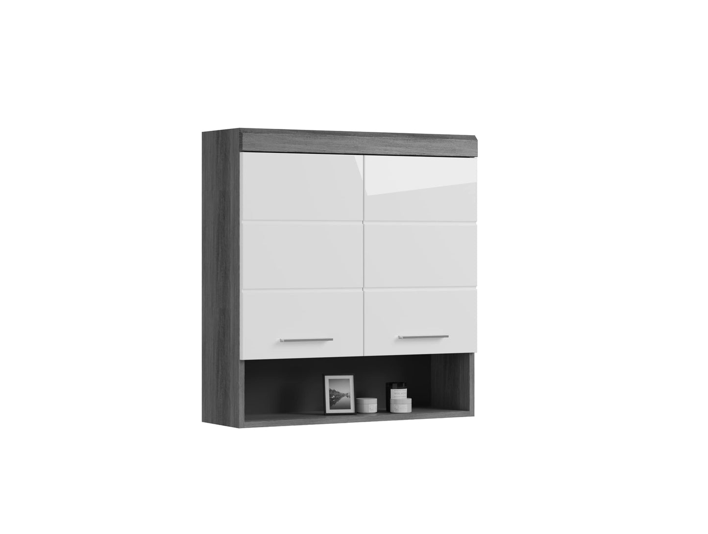 Badezimmer Scout X06B2723 Wall-Mounted Cupboard Wide Cabinet in Front White High Gloss Body Smoke Silver Nb. Approx. 74 x 79 x 24 cm