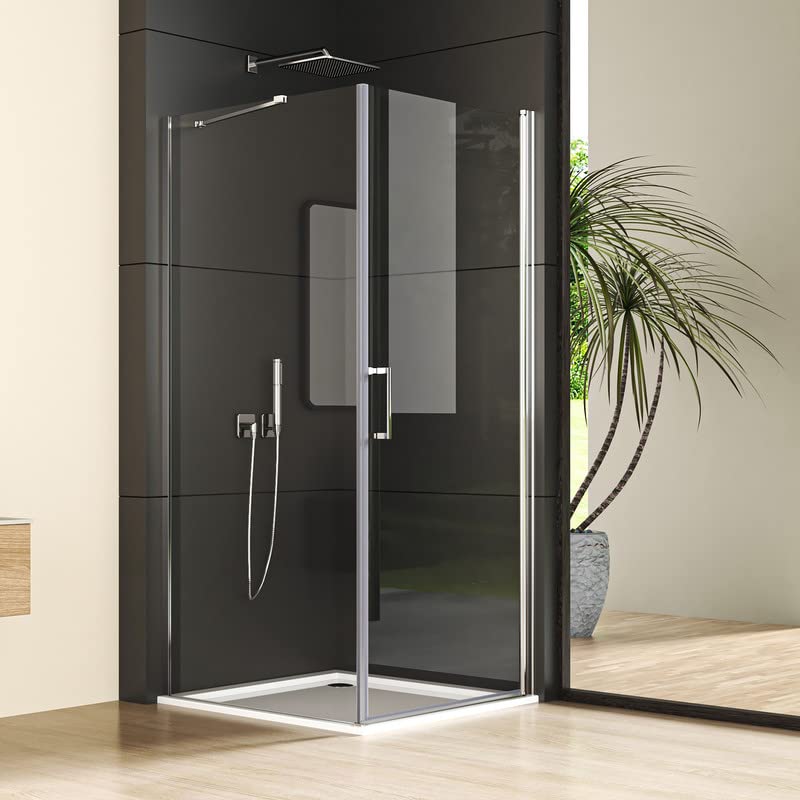 Shower Cubicle Swing Door with Side Panel 90 x 90 cm Corner Entry Shower Enclosure Silver Single Swing Door with Fixed Side Panel Shower Screen with 6 mm Nano Tempered Glass Swing Door Height 195 cm