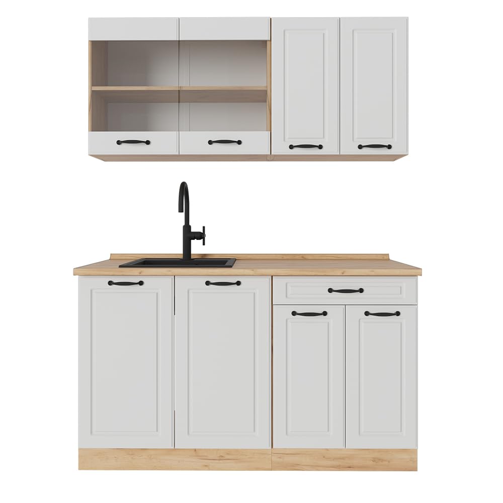 Vicco Single Kitchen R-Line, Black High Gloss / Gold Kraft Oak 140 cm, without Worktop