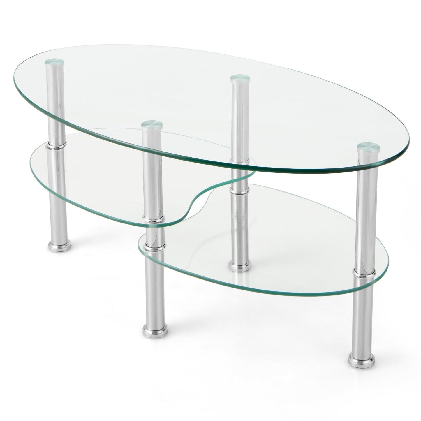 COSTWAY Glass Coffee Table, Glass Table, Oval, Living Room Table with 2 Shelves, Sofa Table, Coffee Table, Side Table for Living Room, 89 x 50 x 45 cm