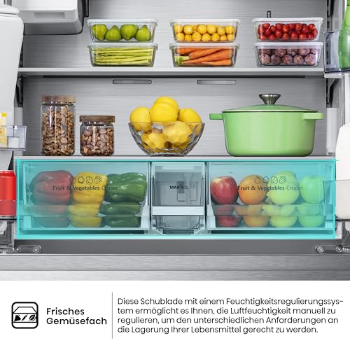Hisense RF632N4WIE French Door Kühl-Gefrierkombination/ NoFrostPlus/ Inverter-Kompressor/ Wasserspender/ CrispZone/ 200 cm/ Kühlteil 336 l/ Gefrierteil 149 l/ 38 dB/ 295 kWh/ Jahr/ Inox-Look