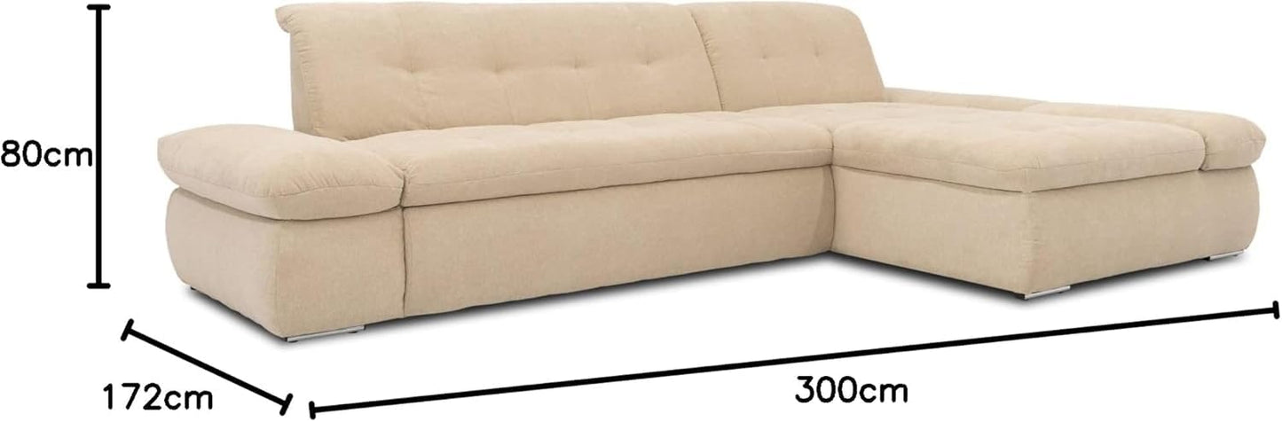DOMO. collection Moric Corner Sofa, L-Shaped, Corner Sofa, L-shaped, 300 x 172 x 80 cm (W x D x H), Beige
