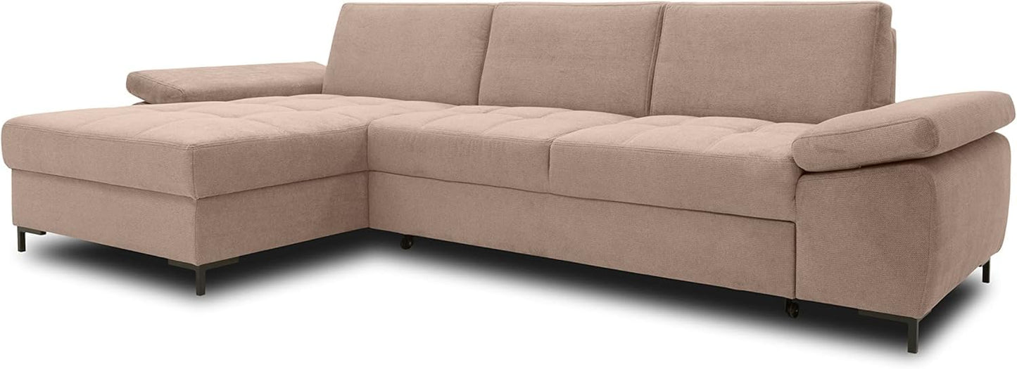 DOMO. collection Curacao Corner Sofa, Sofa Bed with Spring Core and Armrest Function in L-Shape, Couch with Sleep Function, Sofa, Upholstered Corner 297 x 160 x 84 cm (W x D x H), Cream