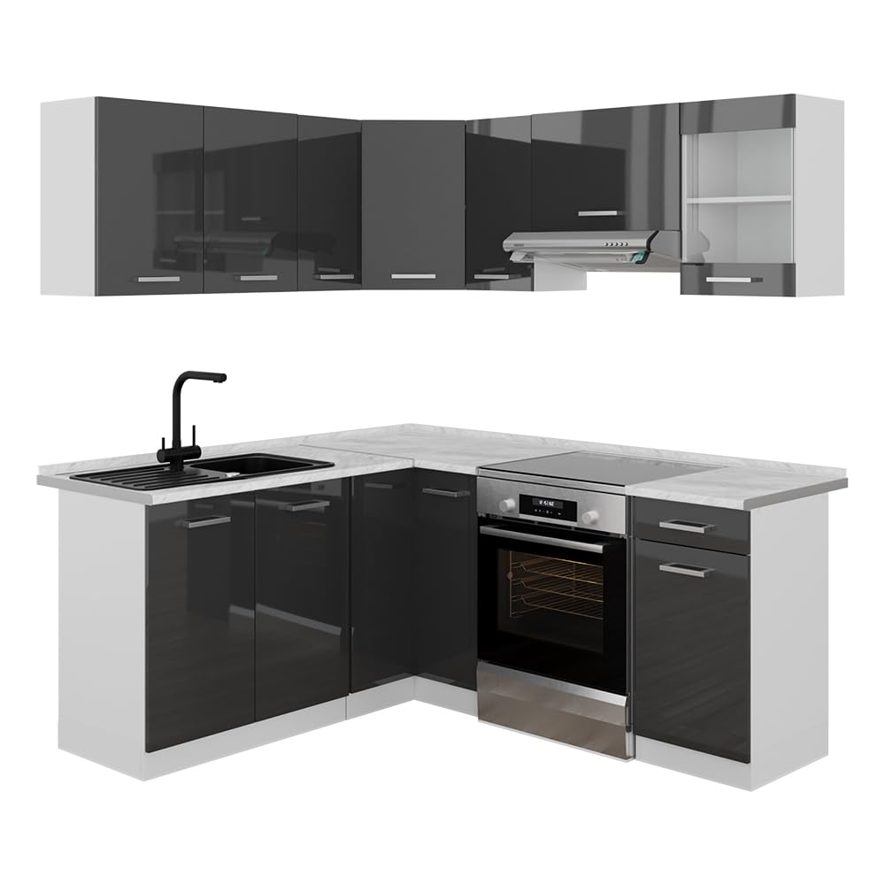 Vicco Rick Corner Kitchen, Anthracite High Gloss/White, 190 x 60 cm, AP Marble